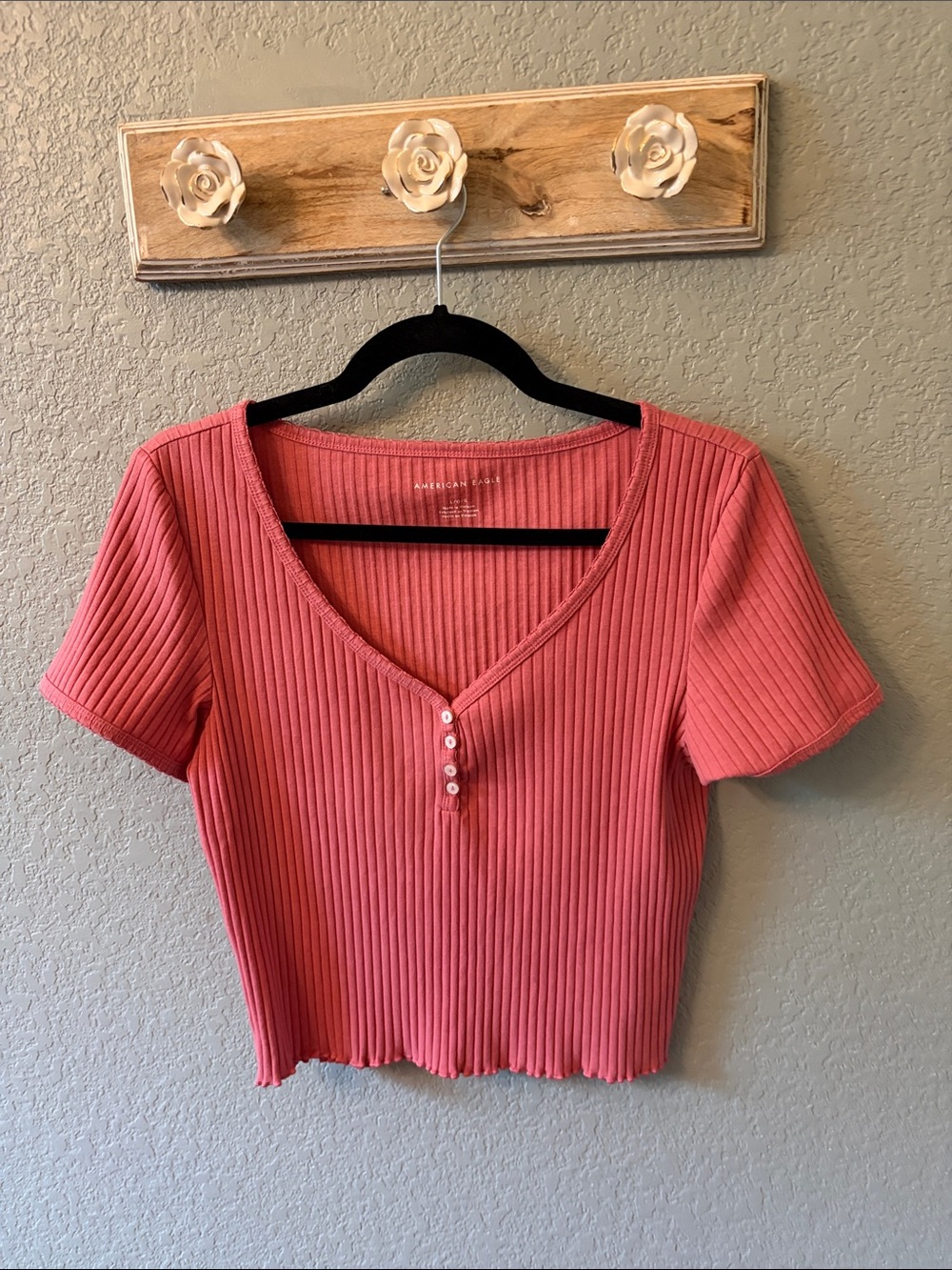 American Eagle Outfitters Ribbed Henley Crop Top in Dusty Rose Pink